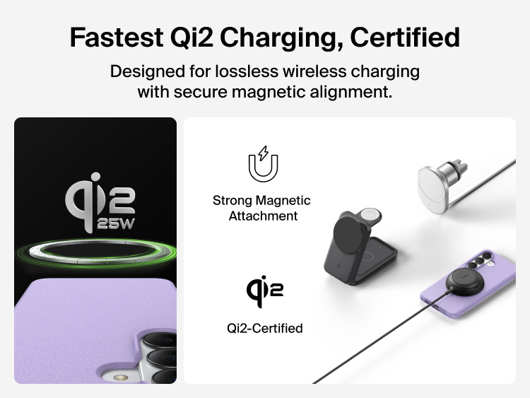 Belkin SheerForce Protect Series Case for Samsung Galaxy S26 supporting Qi2 25W certified wireless charging with strong magnetic alignment for fast, secure power delivery.