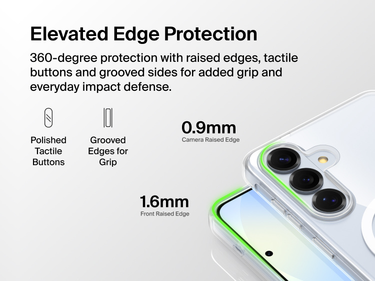 Belkin SheerForce Clear Series Case for Samsung Galaxy S26 shown with elevated edge protection, featuring raised front and camera edges, tactile buttons, and grooved sides for enhanced grip and impact protection.