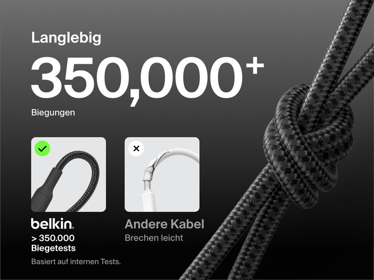 Belkin BoostCharge USB-C to Micro-USB Braided Cable 15W shown knotted to highlight durability with 350,000+ bend lifespan compared to standard easily broken cables.