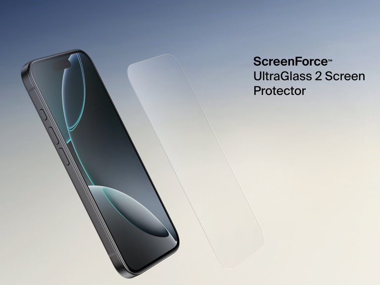 Belkin ScreenForce UltraGlass 2 Screen Protector shown next to an iPhone for durable, edge-to-edge screen protection.