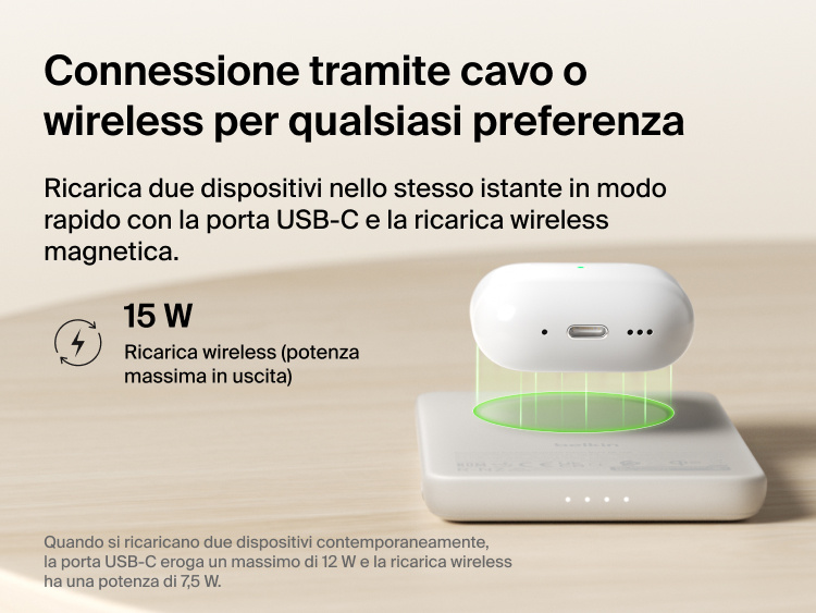 Belkin BoostCharge Slim Magnetic Power Bank 5K with Qi2 providing up to 15W magnetic wireless charging for compatible devices in a slim, portable power bank design.