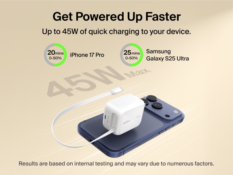 Belkin UltraCharge 45W retractable GaN wall charger delivering fast charging up to 45W with built-in USB-C cable, powering smartphone with rapid 0&ndash;50% charge times