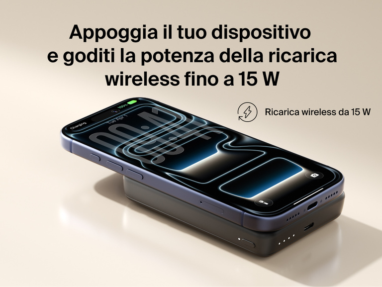 Slim Magnetic Power Bank 10K with Qi2 magnetically attached beneath smartphone demonstrating wireless charging connection