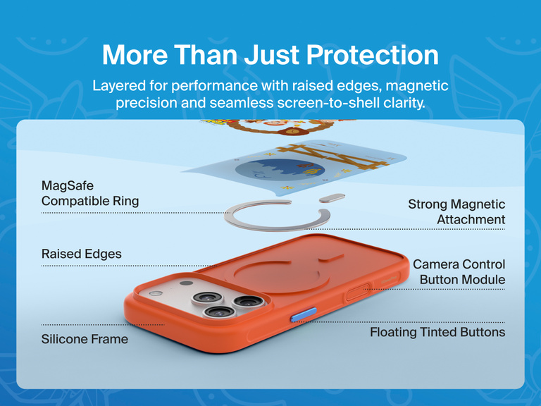 Belkin SheerForce Clear Toy Story 5 iPhone case with touch-sensitive Camera Control button module engineered for responsive and precise camera access.
