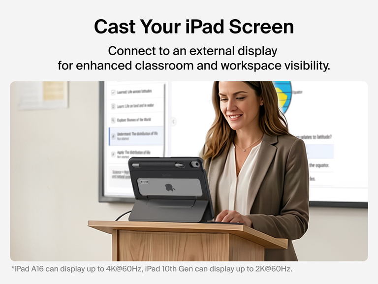 USB-C Keyboard Folio with Display Hub for iPad casting the iPad screen to an external classroom display.