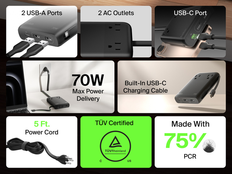 Belkin 2-Outlet Charging Station with USB ports and built-in USB-C cable 70W featuring 2 AC outlets, 2 USB-A ports, TÜV certification, and eco-friendly design with 75% PCR.