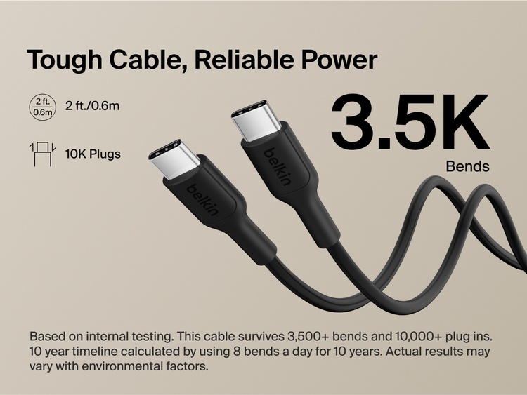 Belkin BoostCharge Slim Magnetic Power Bank 5K shown with durable USB-C to USB-C cable designed for 3,500+ bends and reliable long-lasting charging performance.