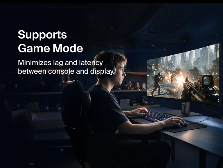 Person gaming on a widescreen monitor connected with the Connect DisplayPort 2.1 Cable, illustrating Game Mode support that minimizes lag and latency between console and display
