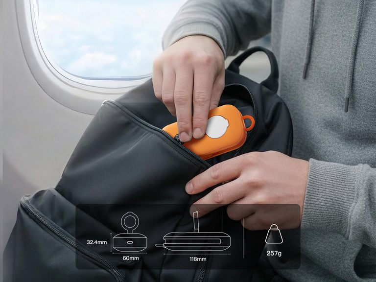 Belkin BoostCharge Slim Magnetic Power Bank 5K shown aligning with a smartphone and MagSafe-compatible case, demonstrating wireless charging through cases up to 3mm thick.