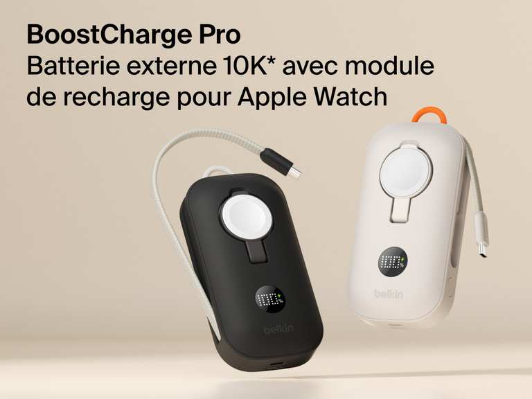 Image de la batterie externe 10K Belkin BoostCharge&nbsp;Pro avec module de recharge pour Apple&nbsp;Watch en noir et en beige, avec c&acirc;bles USB-C &agrave; gaine tress&eacute;e.