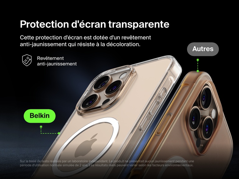 A comparison image showcasing the anti-yellowing technology of the Belkin SheerForce™ Magnetic iPhone Case. The Belkin case remains crystal clear over time, while a competing case appears yellowed. The text highlights the long-lasting clarity and resistance to discoloration, ensuring the case maintains its sleek, transparent design even after extended use.