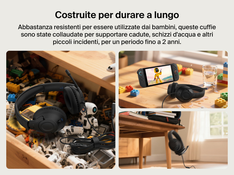 Scene di vita vera mentre si utilizzano le cuffie con filo e microfono Inspire per Nintendo Switch 2 Belkin Gaming, con giocattoli, versamenti di liquidi e cadute, a evidenziare il fatto che le cuffie sono durevoli e testate per resistere agli imprevisti.