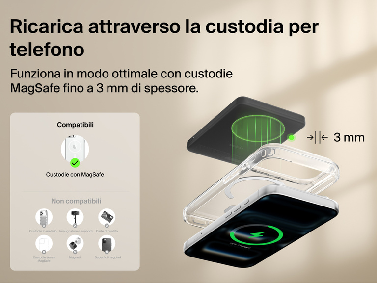 Belkin BoostCharge Slim Magnetic Power Bank 5K with Qi2 wirelessly charging a smartphone through a MagSafe-compatible case up to 3 mm thick for convenient everyday use.
