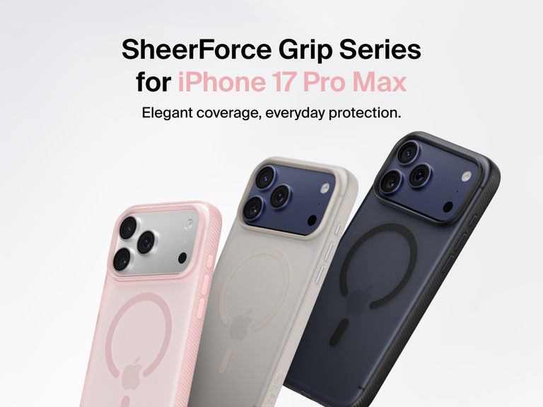 Belkin SheerForce Grip Series protective case for iPhone 17 shown in pink, clear, and black with slim design and MagSafe compatibility.