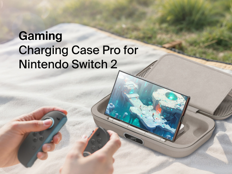 Belkin Gaming Charging Case Pro for Nintendo Switch 2 shown powering the console during outdoor gameplay with built-in charging and protective travel design.