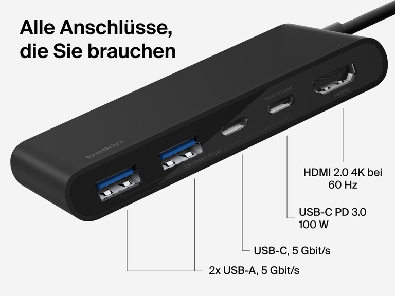 Belkin Connect 5-Port USB-C Hub with Dual USB-C Ports includes HDMI 2.0 4K@60Hz, USB-C PD 3.0 100W, USB-C 5Gbps, and dual USB-A 5Gbps ports.