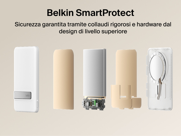 Belkin BoostCharge Slim Magnetic Power Bank 5K with Qi2 shown with Belkin SmartProtect internal components designed for safe, reliable charging performance.