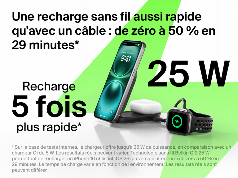 Socle de recharge 2-en-1 aimanté et pliable Belkin UltraCharge avec Qi2 25 W rechargeant un iPhone, des AirPods et une Apple Watch jusqu'à 50 % en 29 minutes, des performances sans fil 5 fois plus rapides.