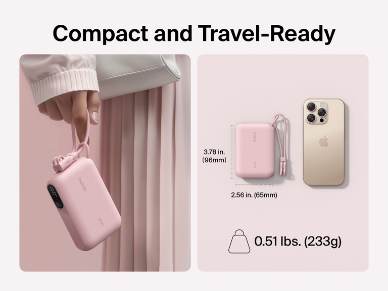 Belkin BoostCharge Power Bank 10K with Display shown in hand and beside a smartphone to highlight its compact, travel-ready design with dimensions of 3.78 x 2.56 inches and a lightweight build of 0.51 lbs (233g).