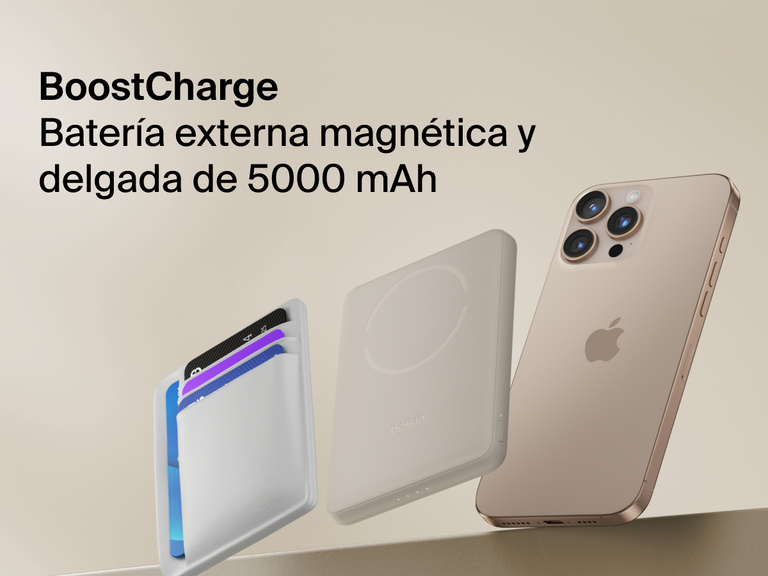 Belkin BoostCharge Slim Magnetic Power Bank 5K shown magnetically attached to a smartphone beside a slim wallet accessory, highlighting its compact portable charging design.