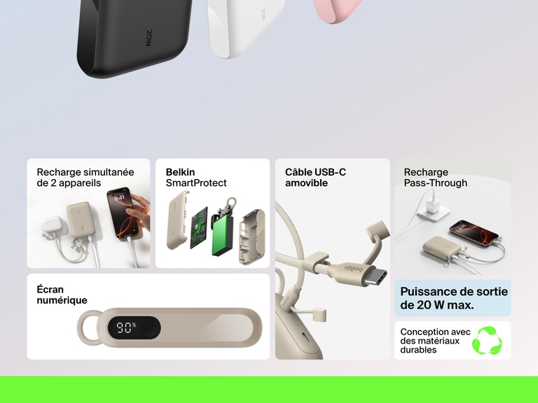 Infographie mettant en avant les fonctionnalités essentielles de la batterie externe 10K Belkin BoostCharge avec écran intégré, et notamment sa puissance de sortie de 20 W, la recharge simultanée de deux appareils, l’affichage numérique du niveau de batterie, le câble USB-C détachable, la recharge Pass-Through, la fonction Belkin SmartProtect et les matériaux durables.