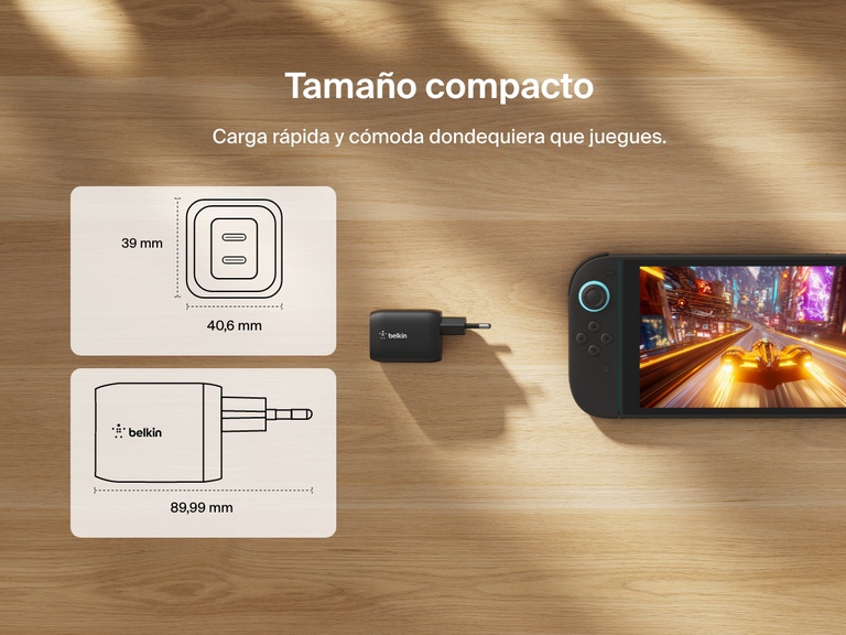 El cargador de pared USB-C doble (65 W) de Belkin Gaming posee un diseño compacto y portátil que resulta ideal para viajar y poder cargar la Nintendo Switch 2 sobre la marcha en cualquier parte.