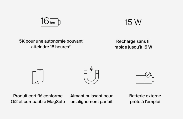 Votre solution de charge mobile Qi2 est ici. Alimentez-vous avec jusqu'à 15 W de puissance délivrés par la dernière technologie de charge magnétique sans fil.