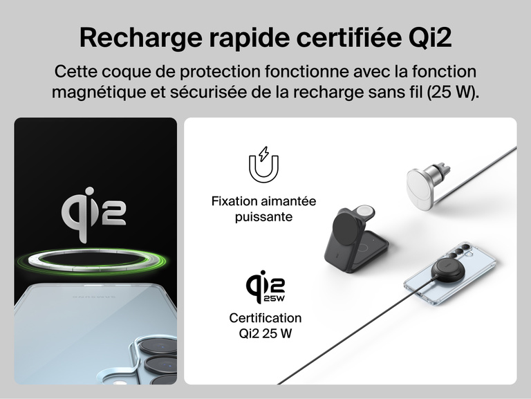 Belkin SheerForce Clear Series Case for Samsung Galaxy S26 shown supporting Qi2-certified 25W wireless charging with secure magnetic alignment for fast, efficient, and reliable charging.