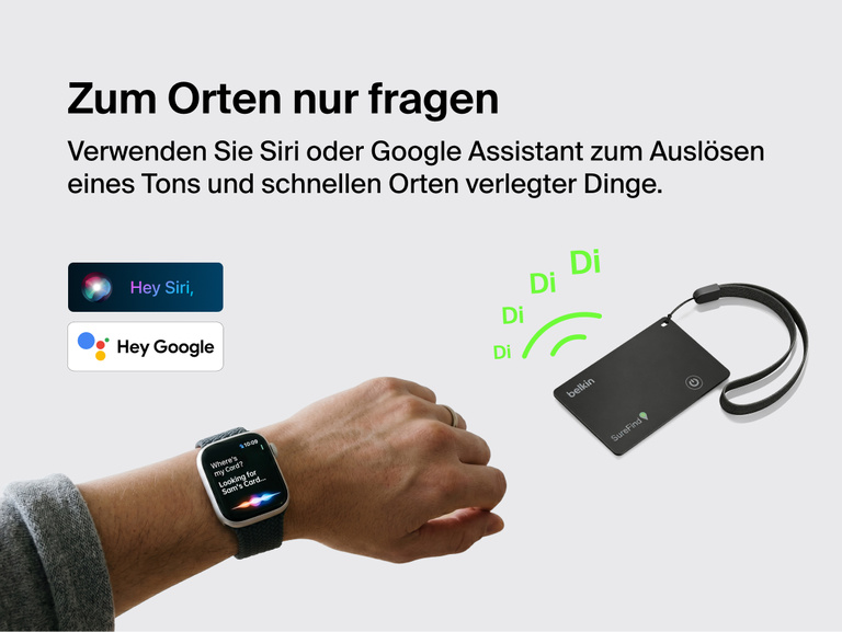 Die Funktion der Belkin SureFind Karte, die es erm&ouml;glicht, dass bis zu f&uuml;nf Freunde, Freundinnen oder Familienmitglieder beim Finden von vermissten verfolgten Gegenst&auml;nden mithilfe von Karten helfen k&ouml;nnen, wird gezeigt.