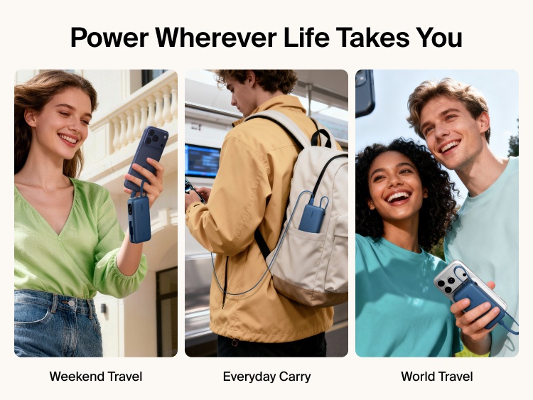 Belkin UltraCharge 10K power bank with integrated USB-C cable and digital display used for portable charging during travel, commuting, and everyday carry
