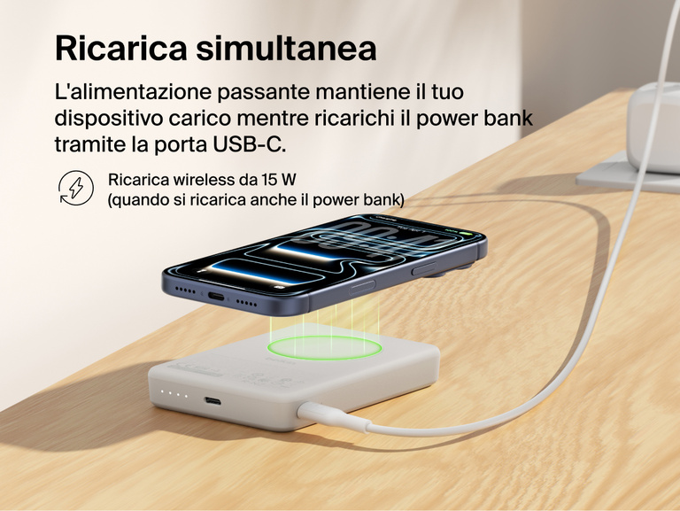 Slim Magnetic Power Bank 10K with Qi2 wirelessly charging smartphone while recharging via USB-C pass-through charging