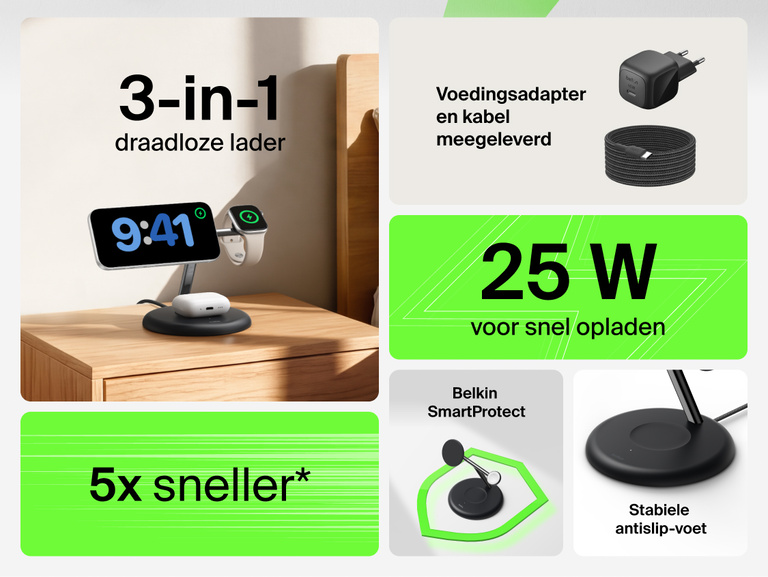 Belkin UltraCharge 3-in-1 Wireless Charging Stand with Qi2 25W showcasing compact design with integrated Apple Watch charger and earbuds dock