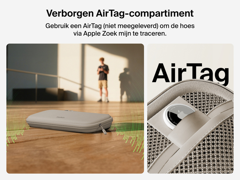 Belkin Gaming Travel Case for Nintendo Switch 2 shown with a hidden AirTag compartment, allowing tracking via Apple Find My (AirTag not included).