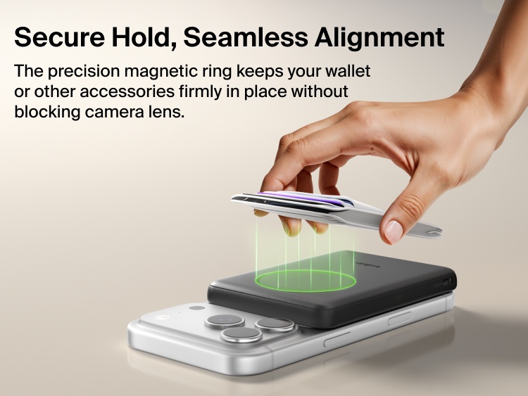 Belkin BoostCharge Slim Magnetic Power Bank 5K with Qi2 featuring a secure magnetic ring that aligns accessories and attaches firmly without obstructing the phone camera.
