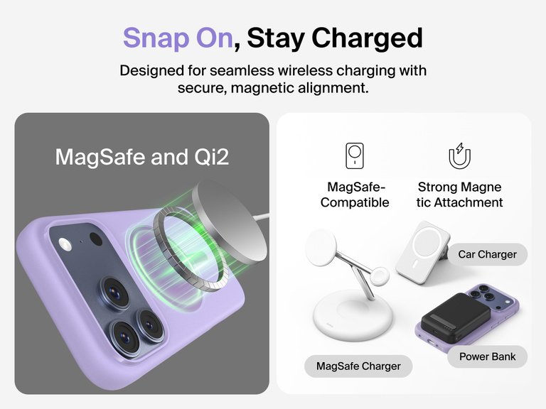 Belkin ScreenForce Protect Series Case for iPhone 17 with raised edges for screen and camera protection, designed for seamless magnetic wireless charging.