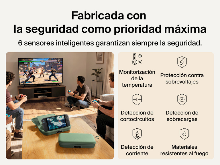 Belkin Gaming Charging Case Pro for Nintendo Switch 2 shown in a living room setup highlighting engineered safety features including temperature monitoring, overvoltage protection, overload detection, and fire-resistant materials.