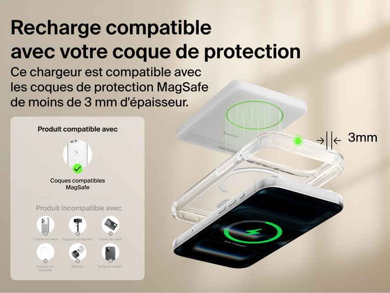 Belkin BoostCharge Slim Magnetic Power Bank 5K with Qi2 wirelessly charging a smartphone through a MagSafe-compatible case up to 3 mm thick for convenient everyday use.