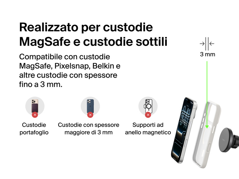 Belkin BoostCharge Magnetic Wireless Charging Car Vent and Dash Mount shown with MagSafe and thin-case compatibility up to 3mm, highlighting supported and unsupported case types.