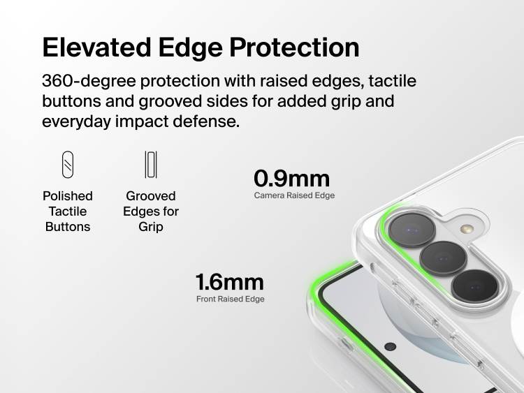 Belkin SheerForce Clear Series Case for Samsung Galaxy S26 shown with elevated edge protection, featuring raised front and camera edges, tactile buttons, and grooved sides for enhanced grip and impact protection.