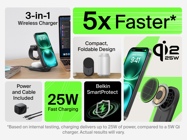 Feature overview of Belkin UltraCharge 3-in-1 Foldable Magnetic Charger with Qi2 25W, highlighting fast wireless charging, compact foldable design, included cable and power adapter, and Belkin SmartProtect technology.