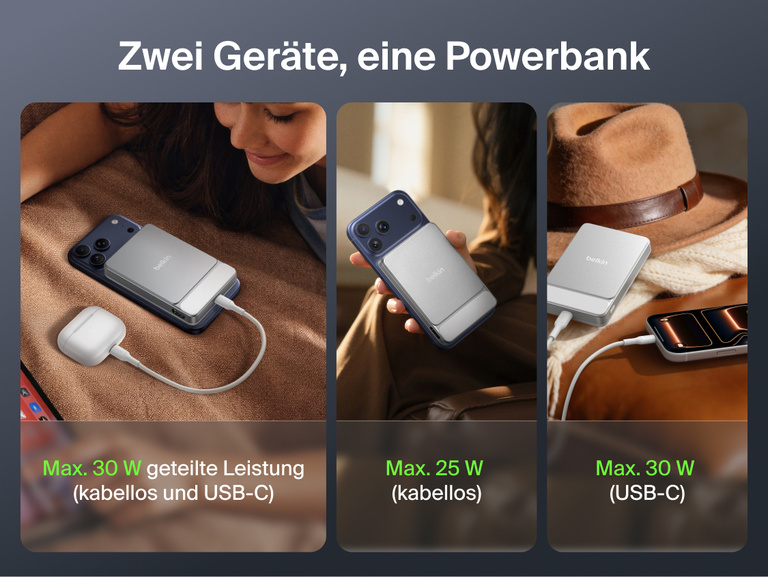 Belkin UltraCharge Slim Magnetic Power Bank 10K shown powering devices across everyday carry, work, travel, and business use scenarios with magnetic wireless charging and portable design