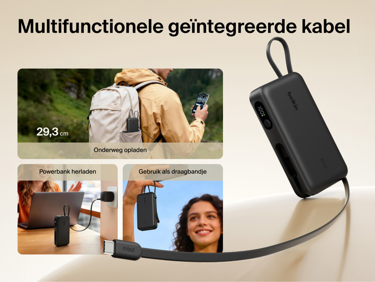 Belkin UltraCharge 10K power bank with integrated USB-C cable and digital display designed for portable charging, recharging, and convenient carry on the go