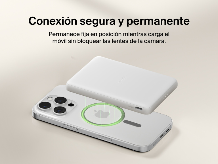 Belkin BoostCharge Slim Magnetic Power Bank 5K shown magnetically aligned between a smartphone and wallet accessory, demonstrating precise magnetic ring for secure attachment and camera-safe design.