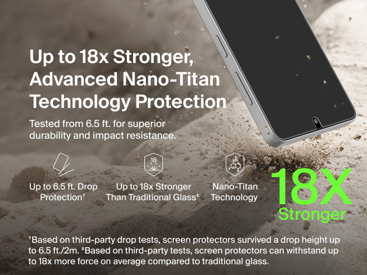 Belkin ScreenForce Titan SmartShield Anti-Reflective Screen Protector for Samsung Galaxy S26 showcasing advanced Nano-Titan technology with up to 18x stronger protection than traditional glass and tested drop resistance up to 6.5 feet.