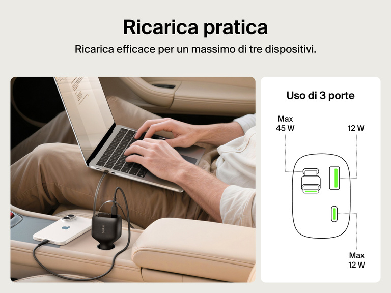 Immagine del caricabatteria da auto con cavo retrattile da 75 W Belkin BoostCharge che ricarica un laptop, uno smartphone e gli auricolari nello stesso istante tramite le 3 porte, per offrire una ricarica pratica durante i viaggi in auto.