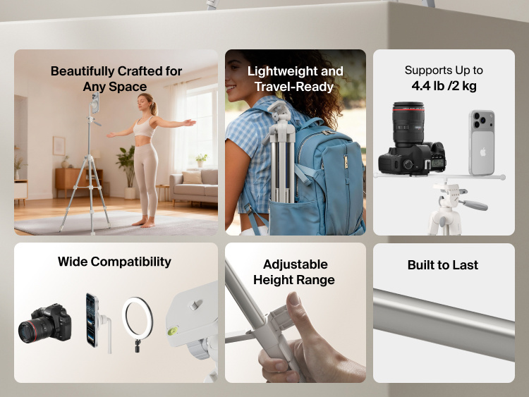 A promotional collage highlights key features of the Belkin Stage Tripod. Images show: a woman practicing yoga in a bright room using the tripod for phone recording; icons illustrating support for up to 4.4 lb (2 kg); a close-up of the tripod&rsquo;s metal construction labeled &ldquo;Built to Last&rdquo;; a person placing the folded tripod into a backpack, labeled &ldquo;Lightweight and Travel-Ready&rdquo;; a close-up of the adjustable height mechanism; and &ldquo;Wide Compatibility&rdquo; with examples including a camera, smartphone, ring light, and mounting accessories.