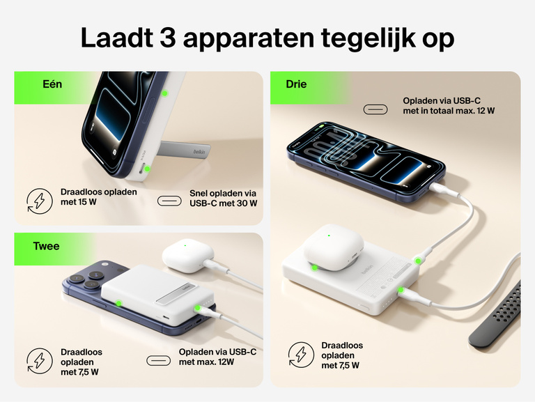Slim Magnetic Power Bank 10K with Qi2 powering three devices including smartphone, earbuds, and smartwatch at once