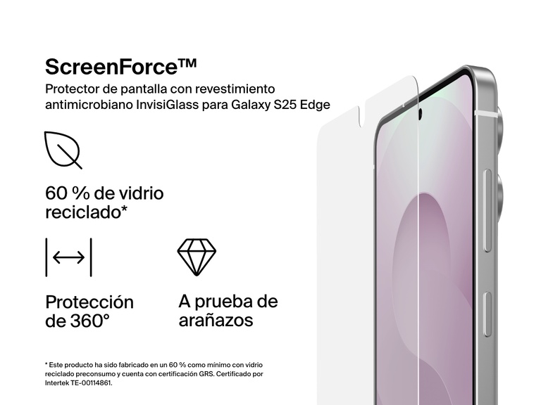 Imagen de marketing del protector de pantalla con revestimiento antimicrobiano ScreenForce InvisiGlass de Belkin para el Samsung Galaxy S25 Edge. Se subrayan características como la resistencia a los arañazos, la cobertura de 360° y la construcción del producto con un 60 % de vidrio reciclado. A la derecha se muestra un móvil con el protector de pantalla puesto.