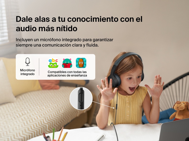 Young girl using Belkin Wired On-Ear Headphones for Kids with a built-in microphone while video chatting on a laptop, highlighting clear audio and compatibility with learning apps for classroom use.