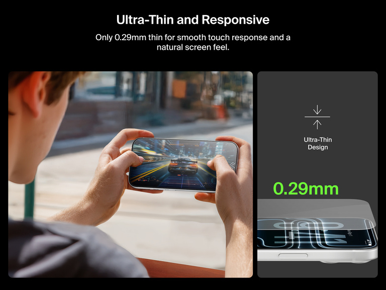 Belkin ScreenForce UltraGlass 2 Screen Protector is ultra-thin at 0.29mm for smooth touch response and a natural screen feel.